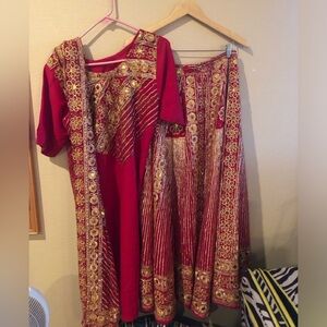 Red Pakistani long shirt lengha dubatta gold detail vintage